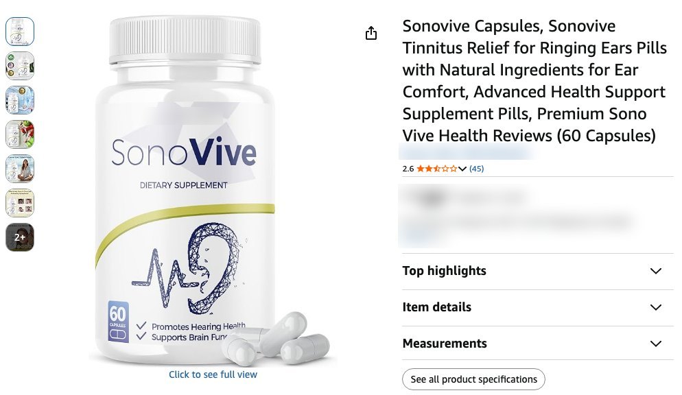 A real Amazon listing using a copied SonoVive label under another brand, with a spammy title and a 2.6 star rating