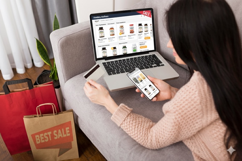 A shopper comparing supplements on a laptop and phone