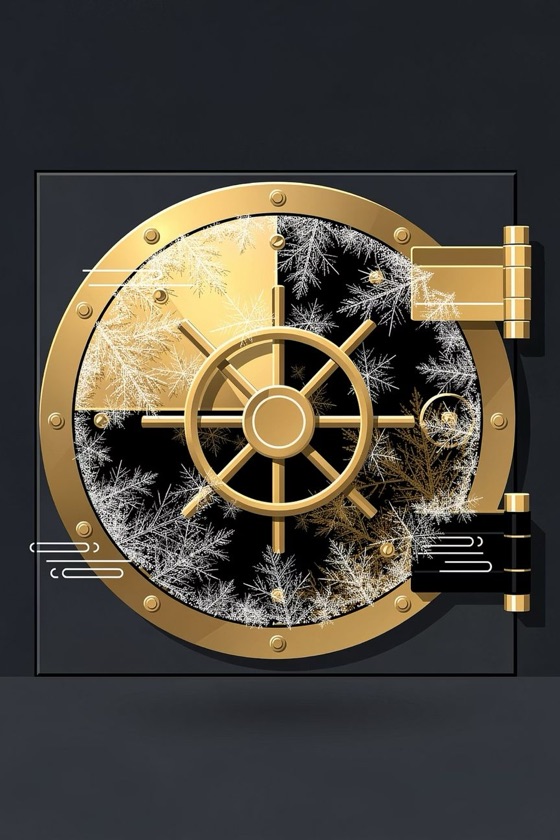 Illustration of a gold vault door covered in frost