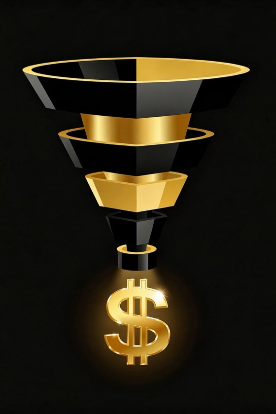 Illustration of a black and gold funnel pouring out a gold dollar sign